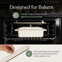 Loaf bread oven on an oven rack; the lid traps and circulates steam for a crispy golden crust