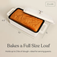 Dimensions of the loaf bread oven: 10 in by 5 in, 4.5 in tall, 6 lb, holds up to 2 lb of dough