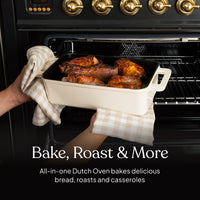 Roast being taken out of the oven in the loaf pan: bake, roast and more