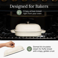 Oval bread oven on an oven rack; the domed lid circulates steam for a crispy golden crust