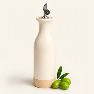 TOMO 22 oz white ceramic oil dispenser with metal pour spout and unglazed clay base