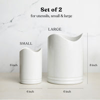 Size diagram of the utensil crocks: small 6 in tall by 4 in wide, large 8 in tall by 6 in wide