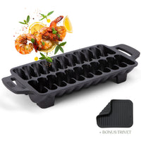 Cast iron shrimp pan with grilled shrimp, lemon and herbs, with the bonus silicone trivet