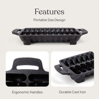 Feature callouts for the shrimp pan: ergonomic handles and durable cast iron