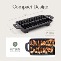 Dimensions of the shrimp pan: 13 in by 6 in, 6 lb, serves 22 jumbo shrimp