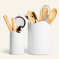 TOMO white ceramic utensil crocks, set of two, holding wooden spoons, spatulas and a whisk