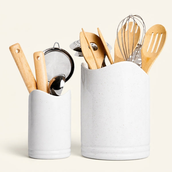 __bg__ TOMO white ceramic utensil crocks, set of two, holding wooden spoons, spatulas and a whisk