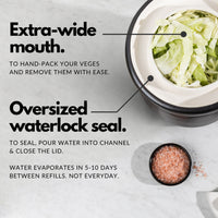 Diagram of the 7L crock's extra-wide mouth for hand-packing vegetables and its oversized water-lock seal