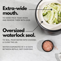 Diagram of the 3L crock's extra-wide mouth for hand-packing vegetables and its oversized water-lock seal
